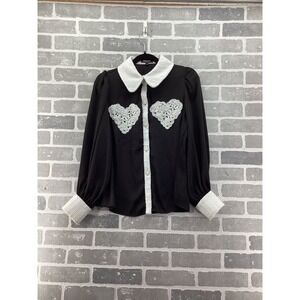 Beulah Style Black Button Down Blouse White Heart Crochet Trim MC2577 Medium